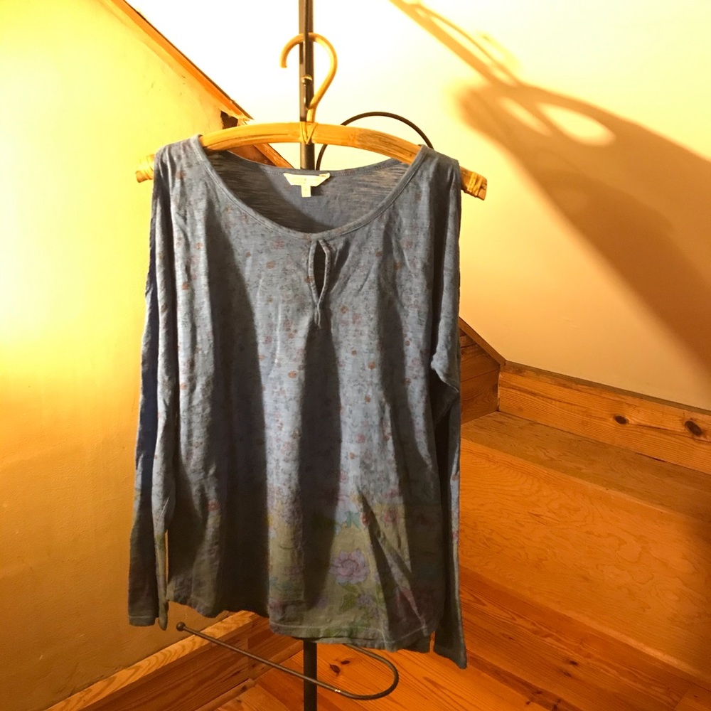 Lucky Brand Blue Green Cotton Cold Shoulder Floral Top, EUC, M